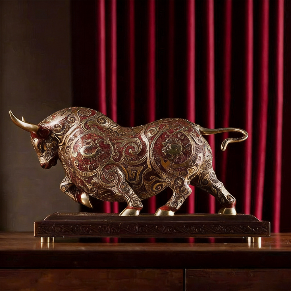 Zhu Bingren Copper Four Joys Divine Bull Brass Sculpture