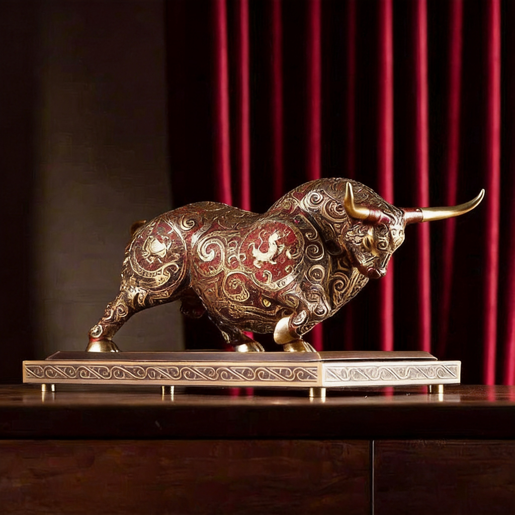 Zhu Bingren Copper Four Joys Divine Bull Brass Sculpture